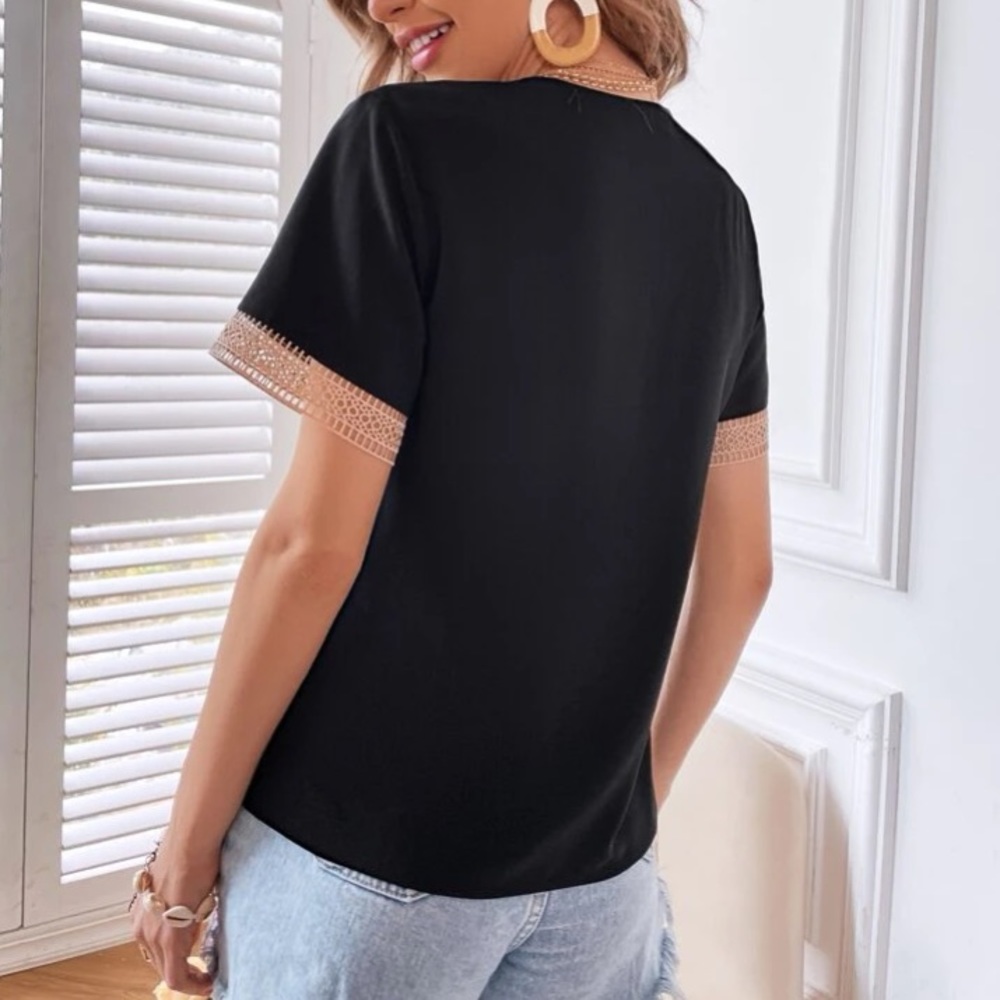 Boho Brown V Neck  Lace Solid Minimalist Blouse - Picture 11 of 15